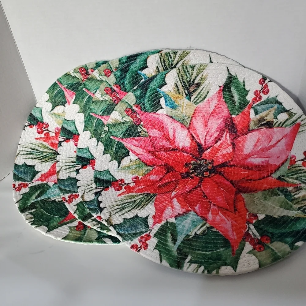 Rachel Ashwell Farmhouse Placemats Poinsettia 100% Cotton Set Of 4  Christmas